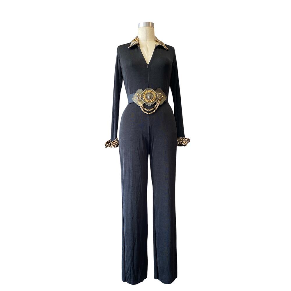 vintage 1990s black lycra stretch jumpsuit with leopard zip front 90s fashion m